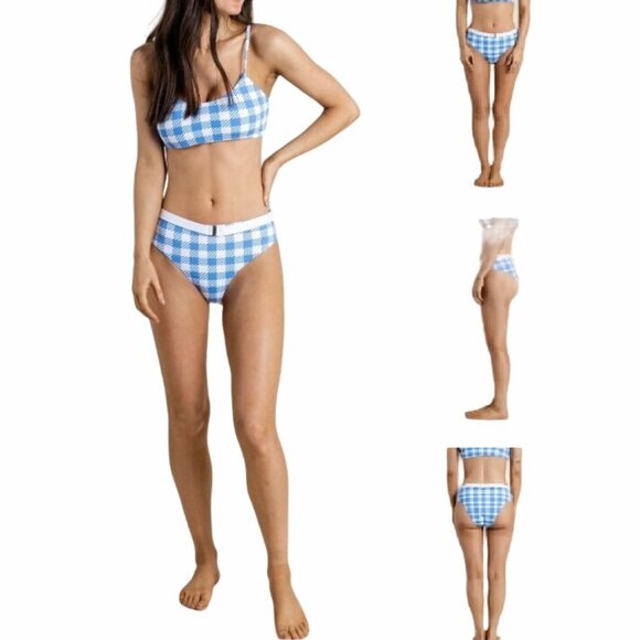 Envya Womens Blue & White Checkered Bikini Set Size S High Waist Bottom belt New - Picture 1 of 7